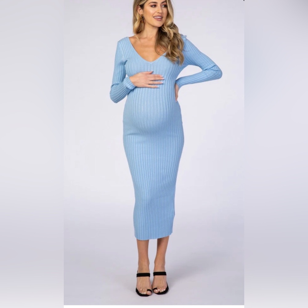 Pink Blush Light Blue V-Neck Long Sleeve Fitted Maternity Maxi Dress